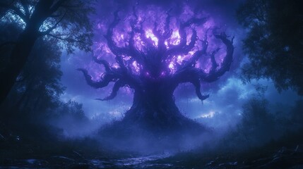 Fototapeta premium Glowing purple mystical tree in dark forest at night.