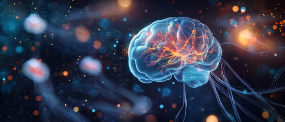futuristic brain illustration showcasing neural connections and glowing pathways, surrounded by abstract light particles and jellyfish like forms, evokes sense of wonder and exploration