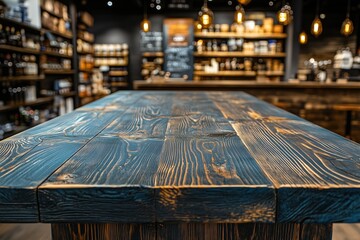 Wooden plank tabletop with blurred abstract background used as a design element for shopping backdrops, banners and storefronts in a department store.
