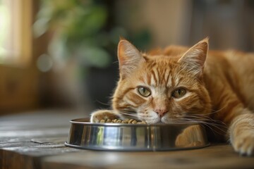 Ginger Cat Resting by Bowl