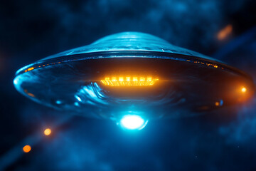 UFO hovering over dense forest with glowing lights, mysterious alien spacecraft, science fiction concept, generative ai