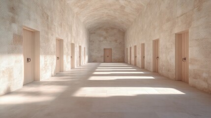 Sunlit Corridor, Beige Walls, Wooden Doors