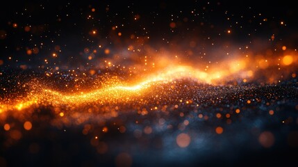 Naklejka premium Glowing orange and blue particles wave on dark background.