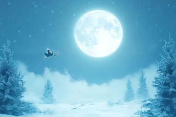 Naklejka premium Magical Christmas Eve Santa's Sleigh Flying Under the Full Moon in Snowy Winter Landscape