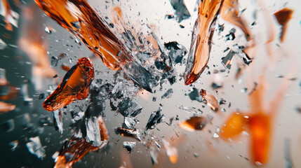 Shattered glass pieces create dynamic spectacle, showcasing mix of sharp edges and vibrant colors. explosion of fragments captures moment of intense energy and movement