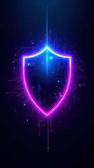 Cybersecurity shield with glowing neon and digital elements on a dark background.