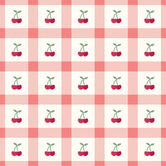 Cute red cherry on the tartan seamless pattern. Doodle fruit on checked vector for wallpaper, textile, fashion, background, stationary, wrapping, card, and phone cases.