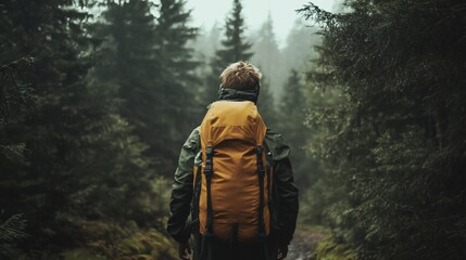 Fototapeta premium Solitary Hiker in Misty Forest: A Journey into the Wilderness