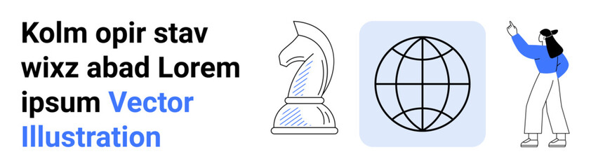 Chess knight for strategic thinking, globe for global perspective, and woman pointing for education. Ideal for strategy, global business, leadership, teamwork, education, consulting simple landing