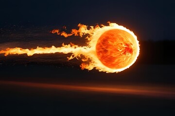A fiery ball moving swiftly, leaving a trail of flames and glowing brightly in the dark.
