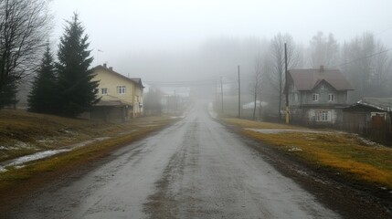 Foggy village road, houses, trees, winter, rural scene