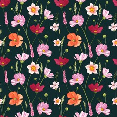 Floral seamless pattern with meadow flowers on a dark background, watercolor