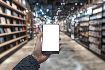 Person holding a blank smartphone in a modern bookstore with shelves filled with books and soft lighting