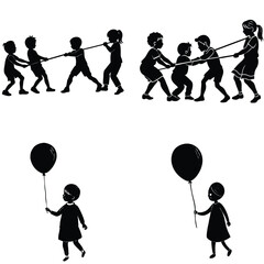 Children playing football and soccer in silhouette, enjoying sports and fun with a ball in action