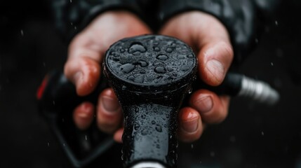 Hands holding a wet fuel nozzle