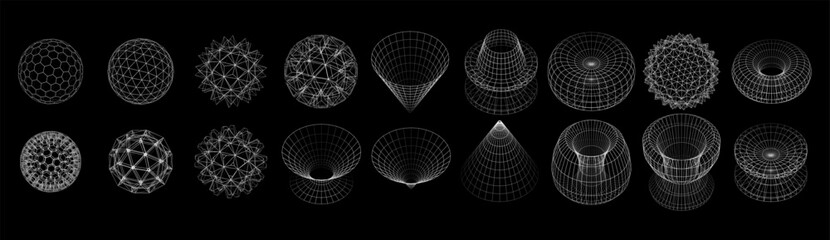 A collection of geometric shapes, designed as a grid frame on a black background. Includes spheres, cubes and pyramids, showing various shapes and structures.