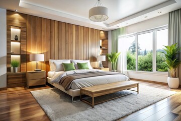 Spacious Bedroom with Wooden Headboard and White Bedding - Modern Interior Design Stock Photo