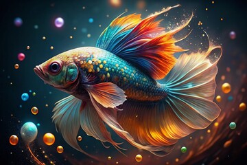 Fototapeta premium Sparkling Betta Fish: Glowing Scales & Golden Bubbles in Dark Aquascape