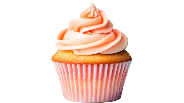 Delicious cupcake with pink frosting and striped wrapper isolated on transparent background
