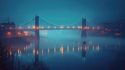 Naklejka premium Serene night view of illuminated bridge over misty river with reflections