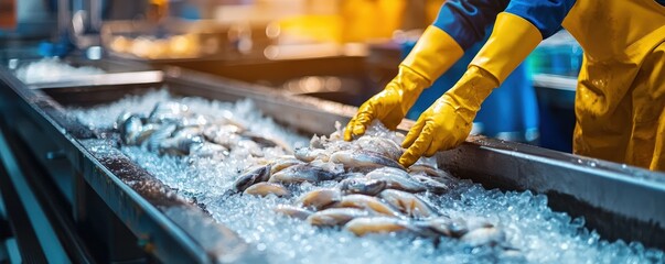 Worker Handling Fresh Fish in Industrial Seafood Processing Facility with Ice