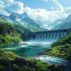 Fototapeta premium A breathtaking hydroelectric dam with cascading waterfalls, nestled in a lush green valley beneath majestic snow-capped mountains. A perfect representation of renewable energy