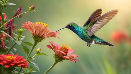 Fototapeta premium Hummingbird flying to pick up nectar from a beautiful flower. Digital artwork