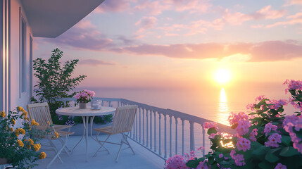 Fototapeta premium Relaxing Seaside Balcony with Comfortable Lounge and Beautiful Ocean View