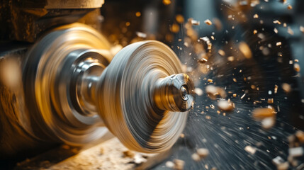 close up of wood lathe action, showcasing spinning motion and flying wood shavings, creating dynamic and energetic atmosphere. craftsmanship and precision are evident this woodworking process
