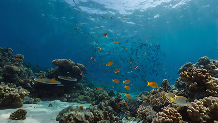 Underwater Coral Reef Scene with School of Fish in Blue Ocean