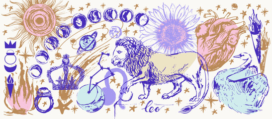 Hand drawn leo zodiac sign illustration, horoscope background with astrology symbols and talismans.