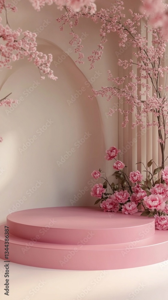 Poster a charming round platform adorned with soft pink flowers creates a serene ambiance within a warm ind
