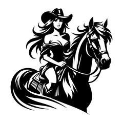 A vector silhouette of a cowgirl riding a horse, isolated on a white background.