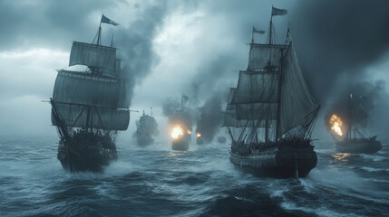 Obraz premium dramatic scene of warships battling in turbulent waters, surrounded by dark clouds and smoke. Explosions illuminate chaos, creating tense atmosphere of conflict and adventure