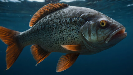 Naklejka premium Swimming Fish Close-up in Deep Blue Water Showing Orange Fins
