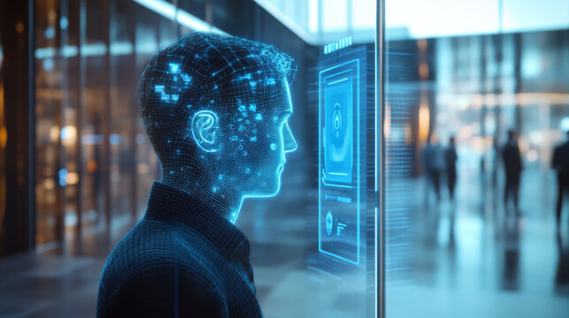 futuristic depiction of digital face recognition system, showcasing holographic representation of human head interacting with advanced technology modern environment. scene conveys sense of