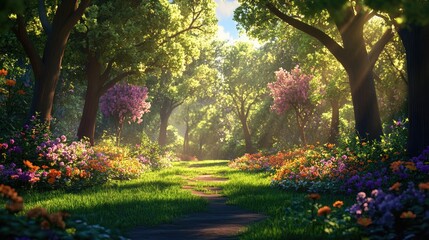 Naklejka premium Lush Green Pathway Through Vibrant Floral Garden with Sunlight Filtering Through Tree Canopy