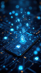 Fototapeta premium Cybersecurity with a smartphone at the center of a data flow network featuring Kubernetes and 2FA protection.
