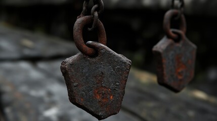 Close-up of weathered, rusty metal weights