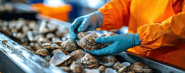Worker Handling Fresh Shellfish in Seafood Processing Factory Environment