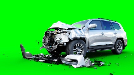 Generic 3d car crash test. Car destruction. Green screen isolate. 3 rendering,
