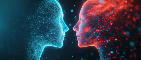 captivating digital artwork showcasing two human like figures, one blue and other red, created with intricate network patterns and glowing particles. piece evokes sense of connection and contrast