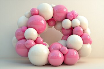 A collection of vibrant soft balls in various hues of pink, white, and transparent glass spheres