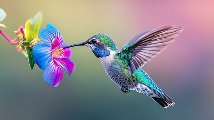 Obraz premium A vibrant hummingbird feeding on a colorful flower.