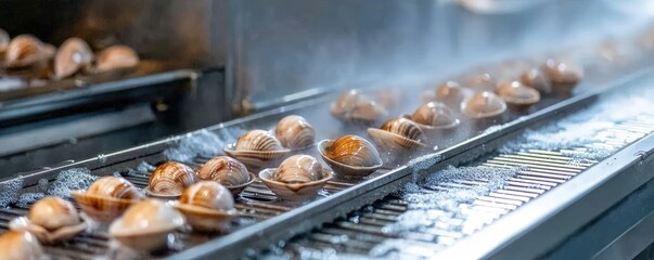 Freshly Grilled Clams Cooking on a Professional Grill with Steam Rising from the Heat