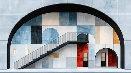 Modern architectural archway with colorful mosaic walls and stairs