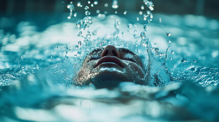 serene moment captured underwater, showcasing swimmer face partially submerged, with water droplets cascading around. tranquil blue tones evoke sense of calm and freedom