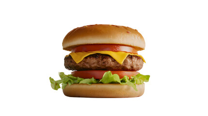Hamburger with beef, a very popular and fast food, with cheddar cheese, lettuce, and a sesame seed bun, a classic fast food hamburger.