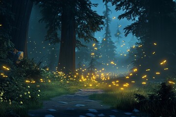 Magical nighttime forest illuminated by glowing fireflies dancing amidst trees and flowers