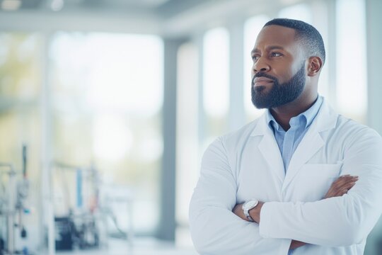 thoughtful black scientist in lab coat arms crossed standing confidently indoors in modern laboratory environment with